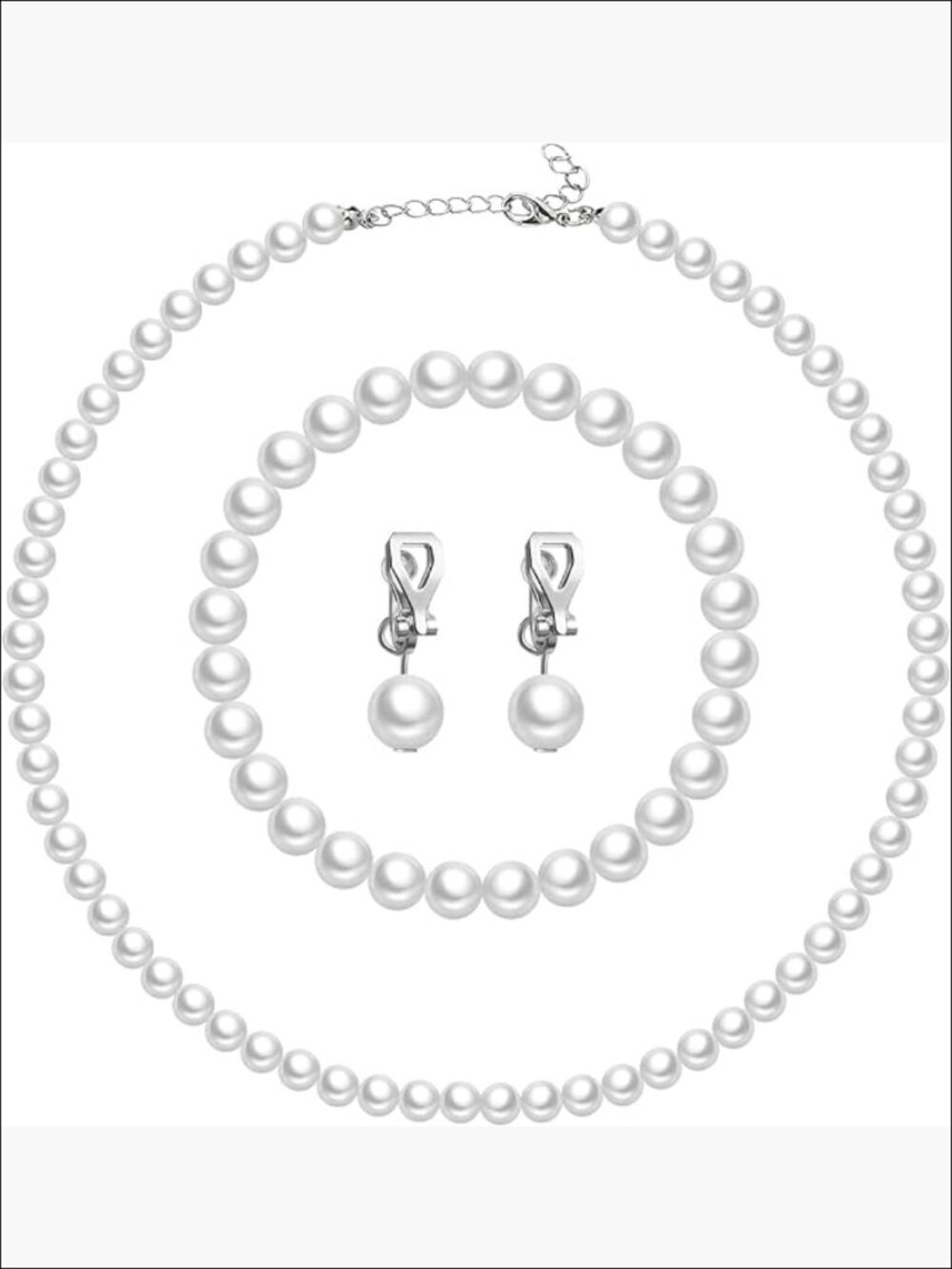 Faux Pearl Jewelry Set with Necklace Bracelet Clip-on Earrings